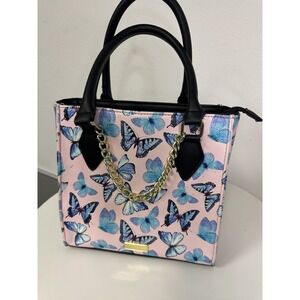 Betsey Johnson Pink Butterfly Print Tote with Black Handles and Gold Chain